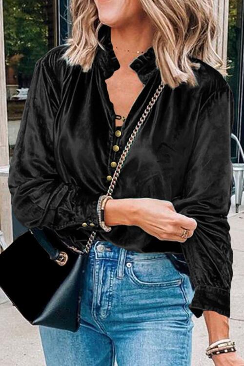 Notched Neck Buttoned Long Sleeve Velvet Blouse - Women’s Clothing & Accessories - Shirts & Tops - 13 - 2024