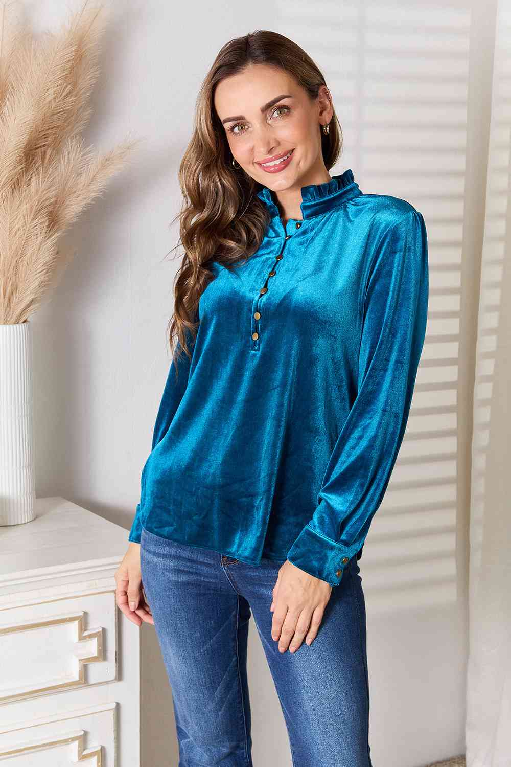 Notched Neck Buttoned Long Sleeve Blouse - Women’s Clothing & Accessories - Shirts & Tops - 2 - 2024