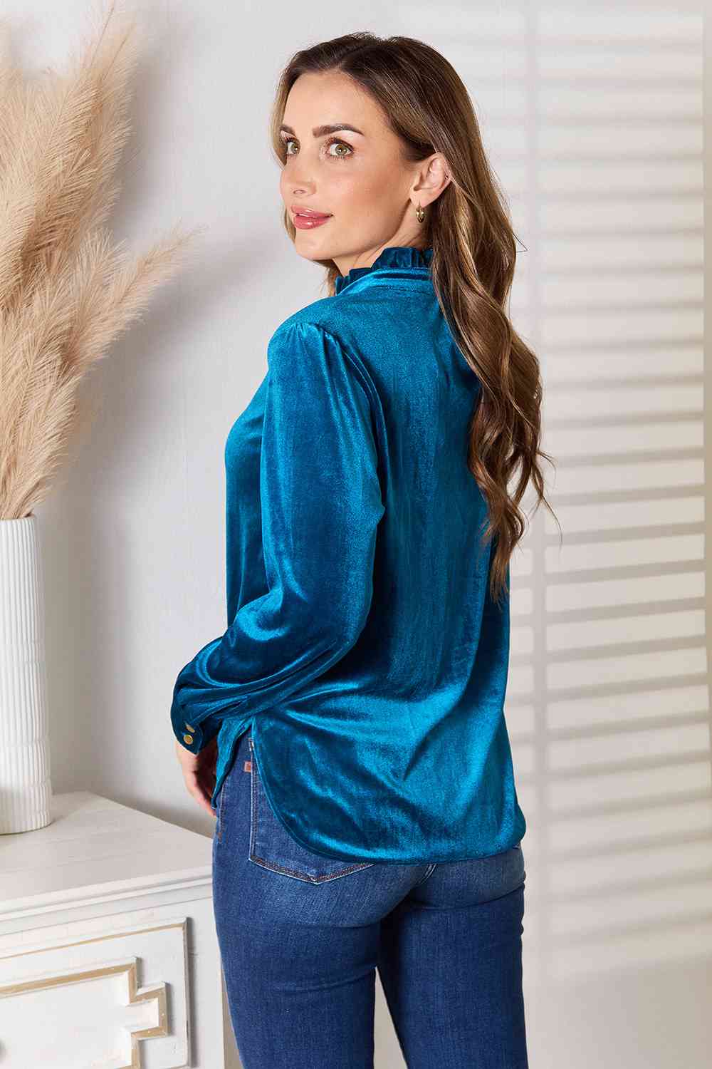 Notched Neck Buttoned Long Sleeve Blouse - Women’s Clothing & Accessories - Shirts & Tops - 4 - 2024