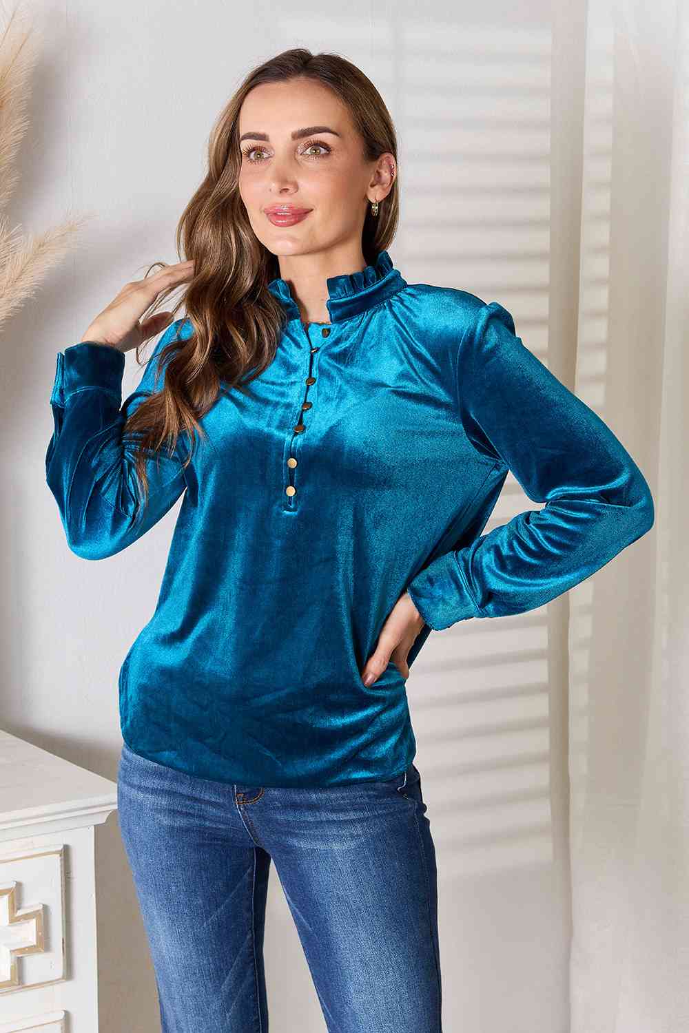 Notched Neck Buttoned Long Sleeve Blouse - Turquoise / S - Women’s Clothing & Accessories - Shirts & Tops - 1 - 2024