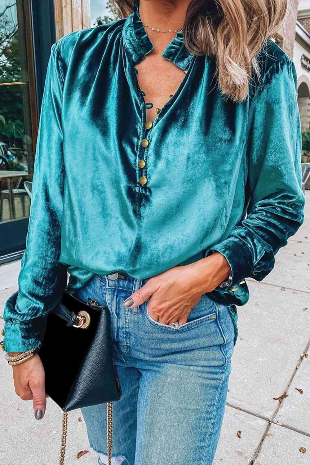 Notched Neck Buttoned Long Sleeve Velvet Blouse - Turquoise / S - Women’s Clothing & Accessories - Shirts & Tops - 8