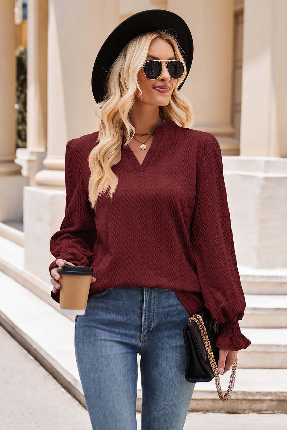 Notched Neck Flounce Sleeve Blouse - Dark Red / S - Women’s Clothing & Accessories - Shirts & Tops - 7 - 2024