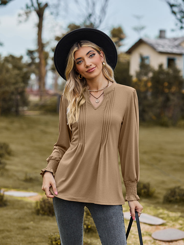 Notched Neck Flounce Sleeve Blouse - Khaki / S - Women’s Clothing & Accessories - Shirts & Tops - 16 - 2024