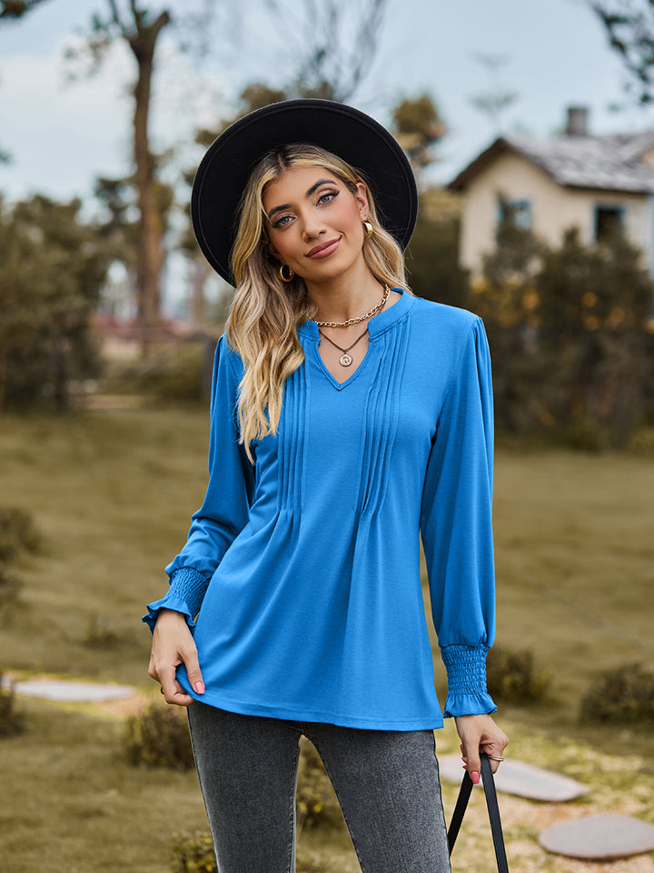 Notched Neck Flounce Sleeve Blouse - Blue / S - Women’s Clothing & Accessories - Shirts & Tops - 1 - 2024