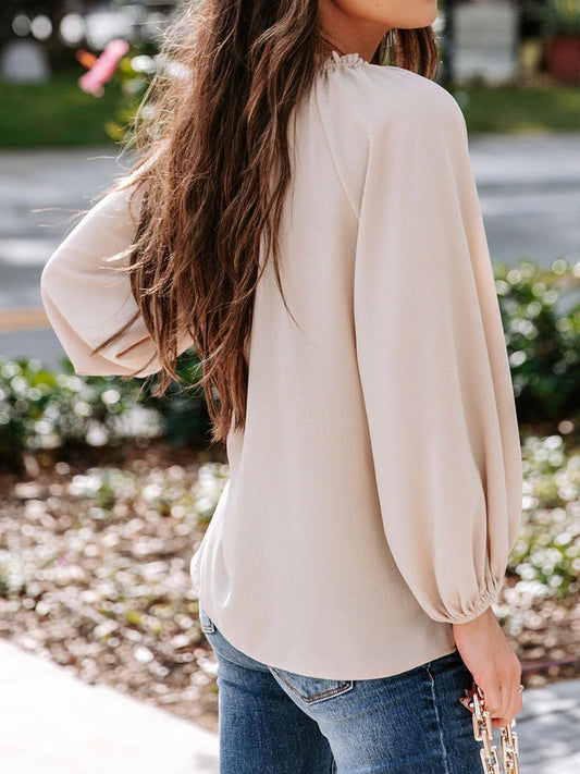Notched Neck Long Sleeve Blouse - Women’s Clothing & Accessories - Shirts & Tops - 2 - 2024