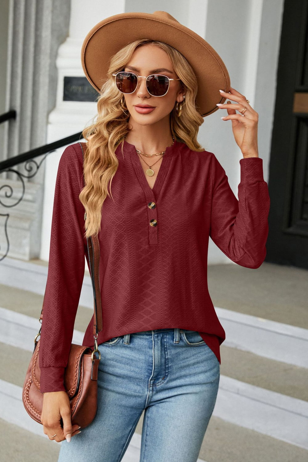 Notched Neck Long Sleeve Buttoned Blouse - Red / S - Women’s Clothing & Accessories - Shirts & Tops - 10 - 2024