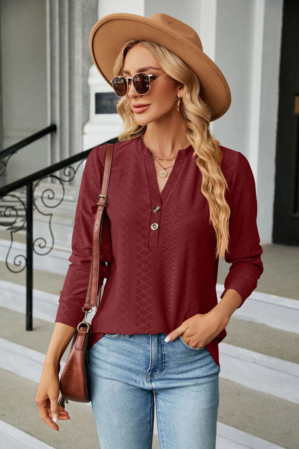 Notched Neck Long Sleeve Buttoned Blouse - Women’s Clothing & Accessories - Shirts & Tops - 11 - 2024