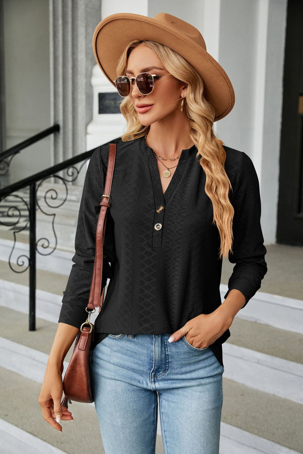 Notched Neck Long Sleeve Buttoned Blouse - Women’s Clothing & Accessories - Shirts & Tops - 8 - 2024