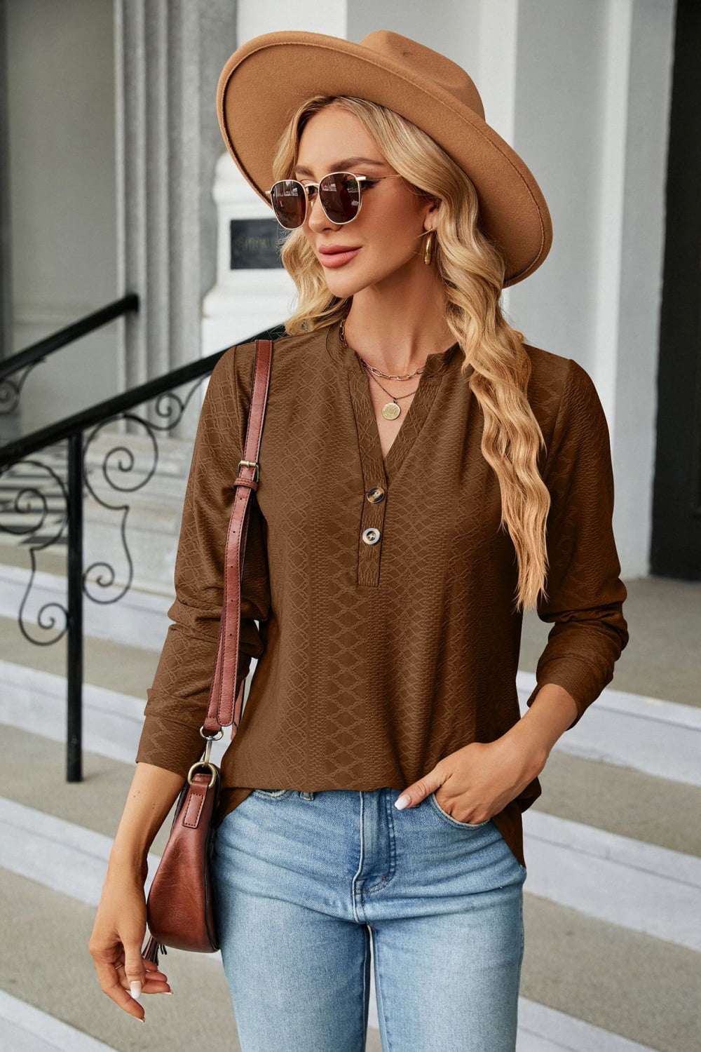 Notched Neck Long Sleeve Buttoned Blouse - Women’s Clothing & Accessories - Shirts & Tops - 20 - 2024