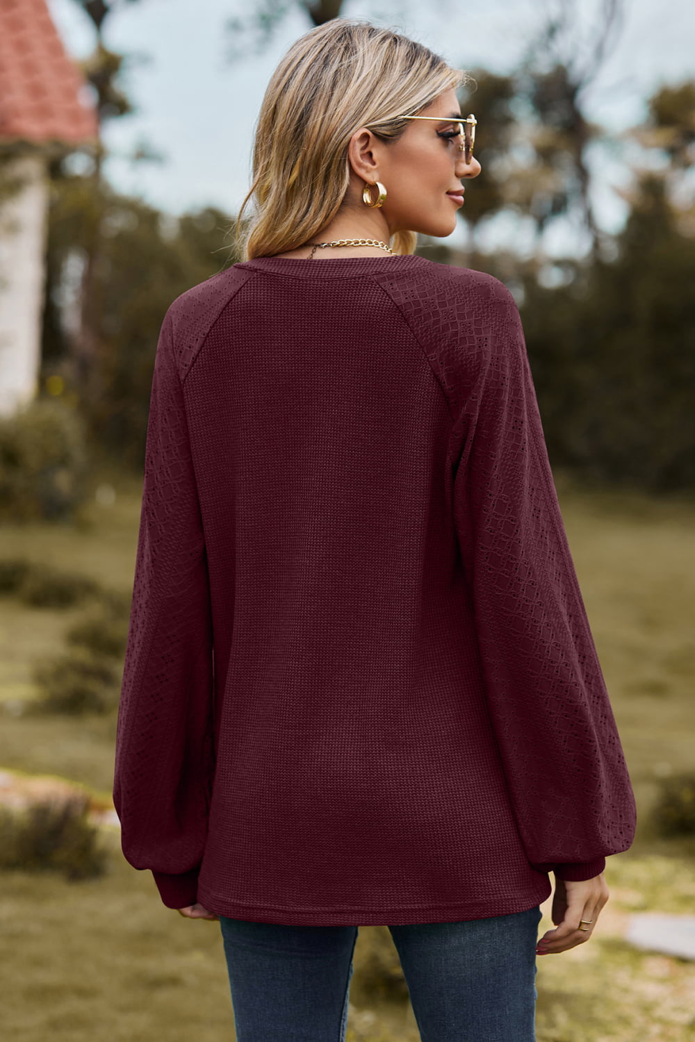 Notched Neck Raglan Sleeve Blouse - Women’s Clothing & Accessories - Shirts & Tops - 21 - 2024