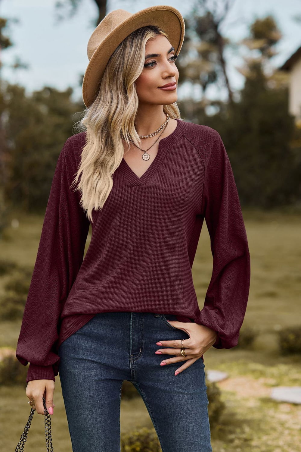 Notched Neck Raglan Sleeve Blouse - Red / S - Women’s Clothing & Accessories - Shirts & Tops - 19 - 2024