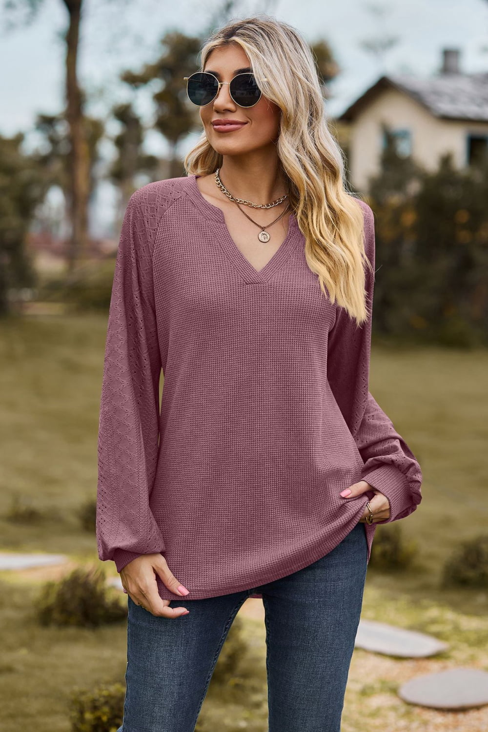 Notched Neck Raglan Sleeve Blouse - Women’s Clothing & Accessories - Shirts & Tops - 3 - 2024
