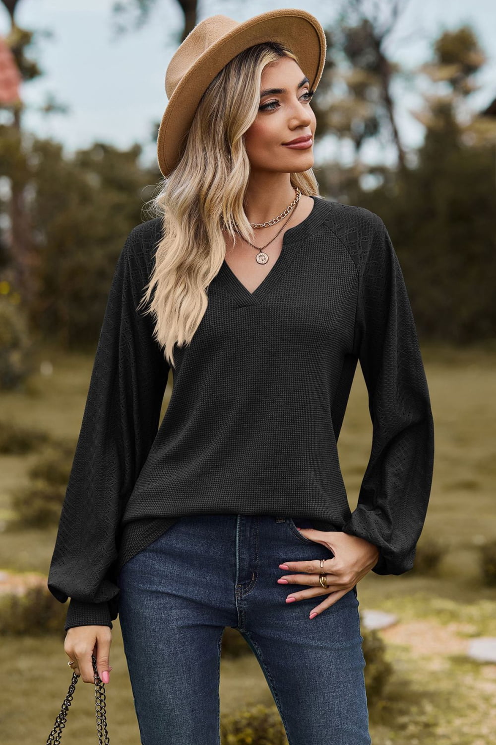 Notched Neck Raglan Sleeve Blouse - Black / S - Women’s Clothing & Accessories - Shirts & Tops - 13 - 2024