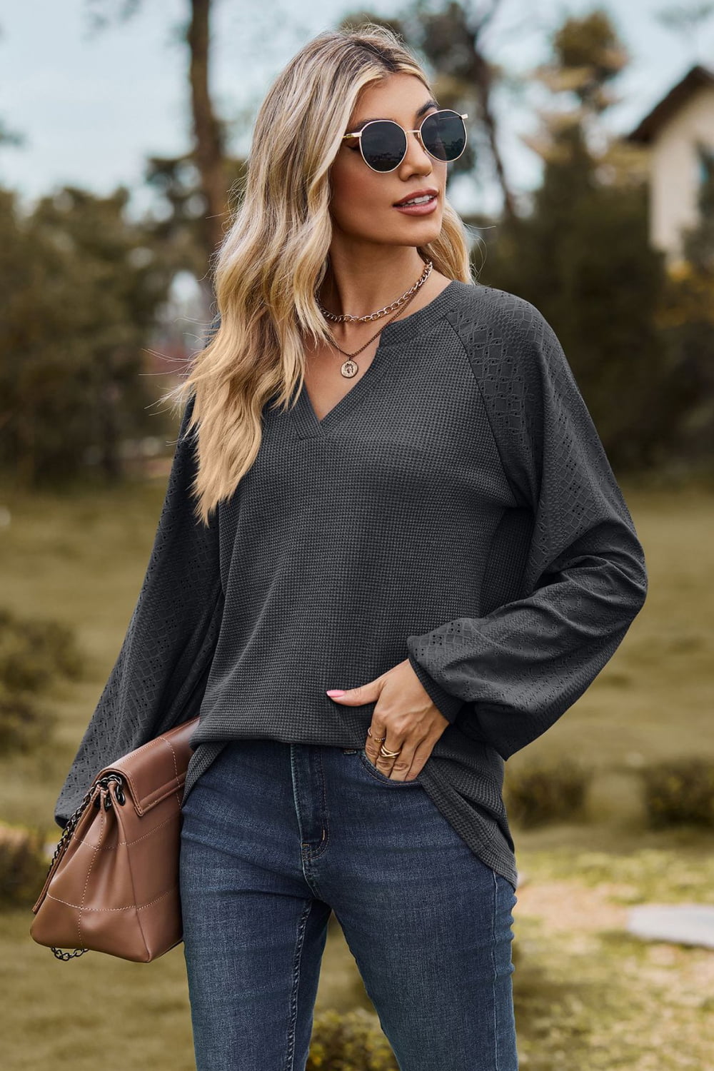 Notched Neck Raglan Sleeve Blouse - Women’s Clothing & Accessories - Shirts & Tops - 17 - 2024