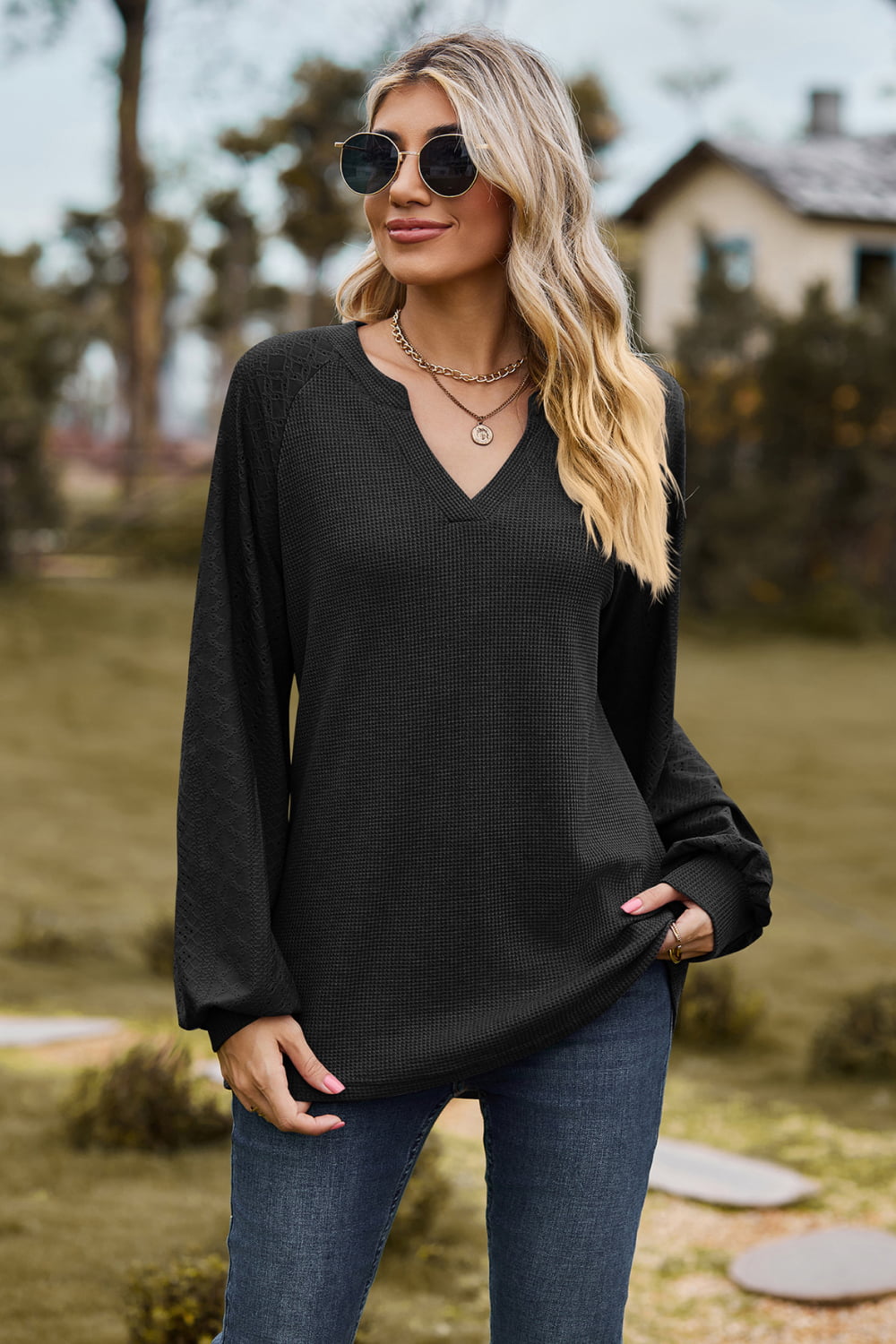 Notched Neck Raglan Sleeve Blouse - Women’s Clothing & Accessories - Shirts & Tops - 14 - 2024