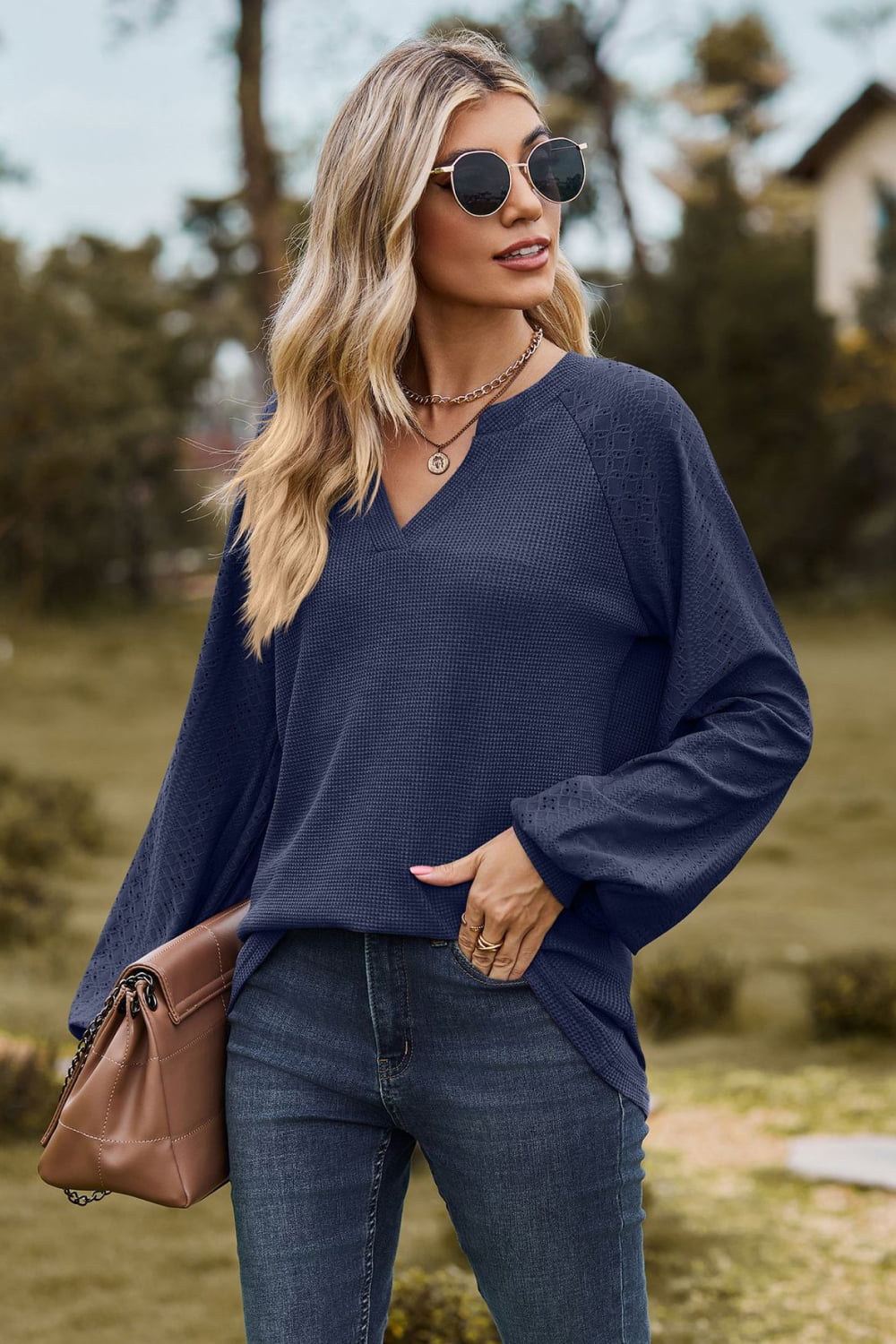Notched Neck Raglan Sleeve Blouse - Women’s Clothing & Accessories - Shirts & Tops - 8 - 2024