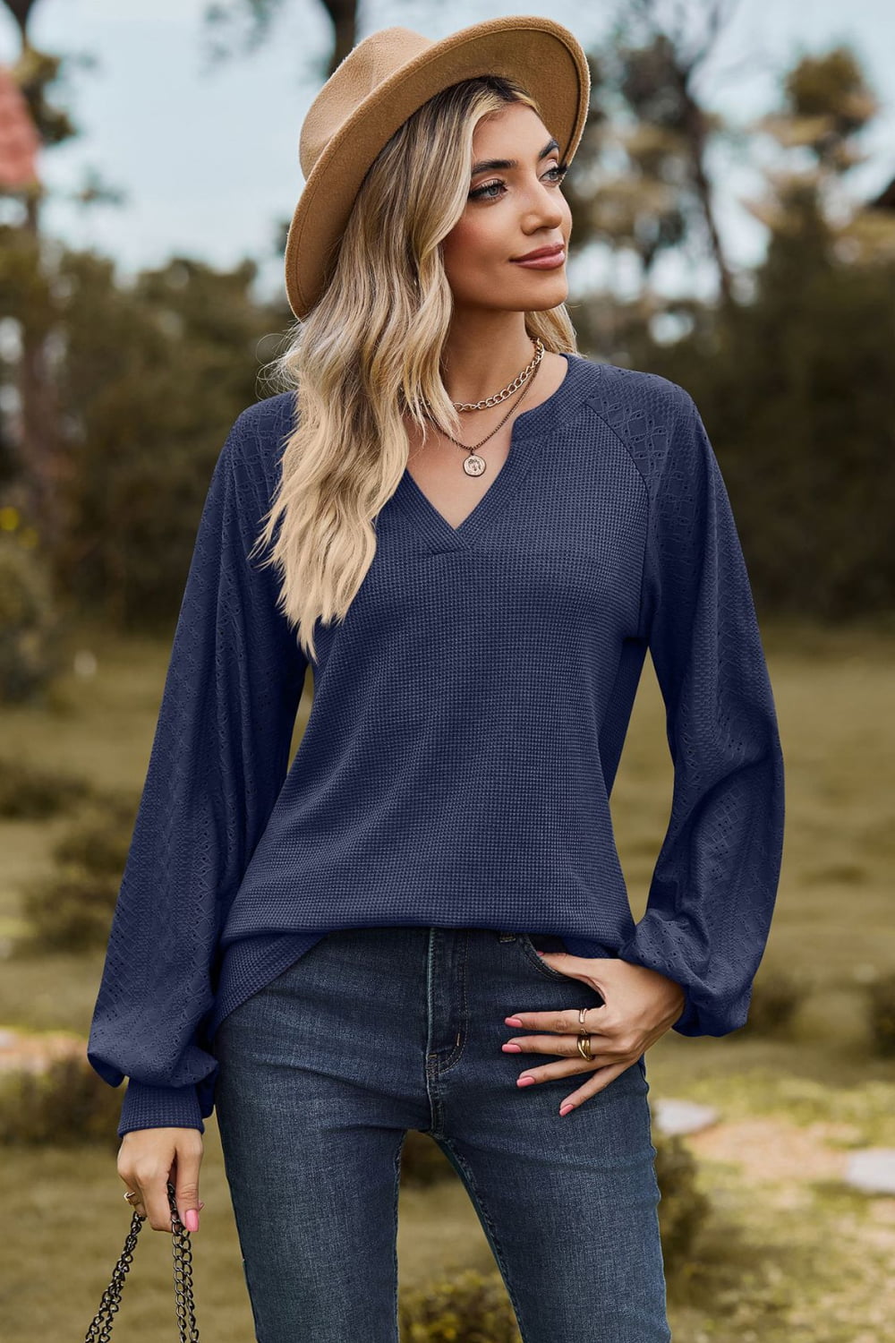 Notched Neck Raglan Sleeve Blouse - Dark Blue / S - Women’s Clothing & Accessories - Shirts & Tops - 7 - 2024