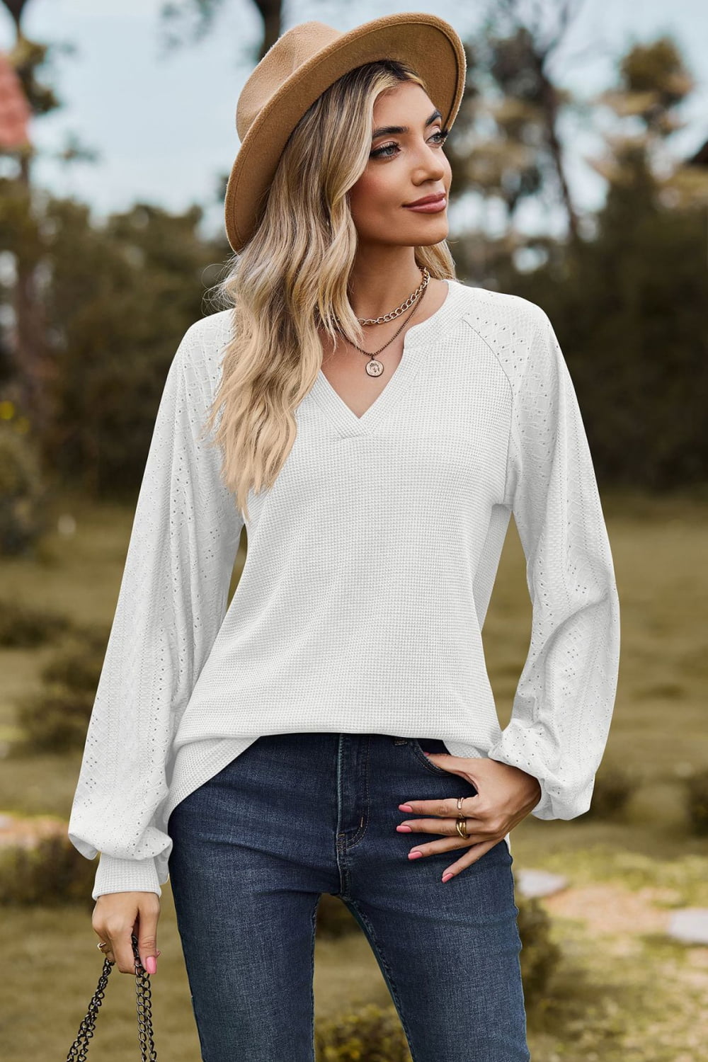 Notched Neck Raglan Sleeve Blouse - Women’s Clothing & Accessories - Shirts & Tops - 5 - 2024