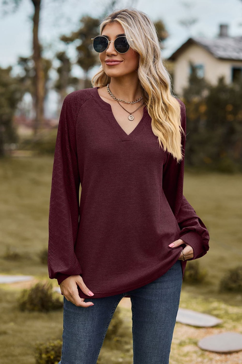 Notched Neck Raglan Sleeve Blouse - Women’s Clothing & Accessories - Shirts & Tops - 20 - 2024