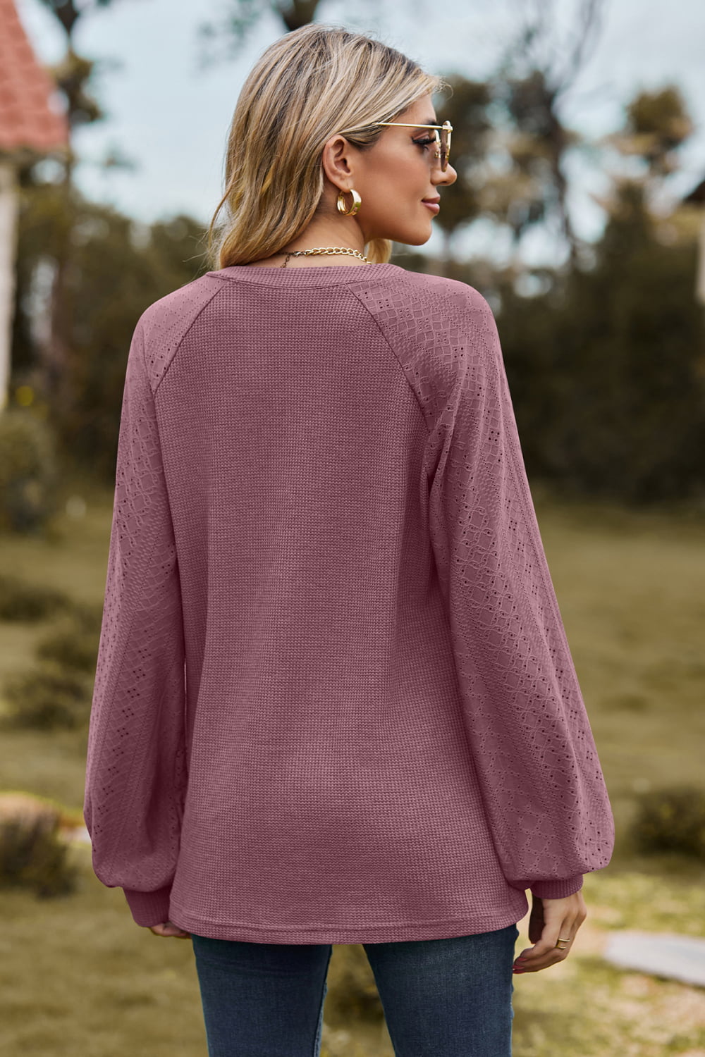 Notched Neck Raglan Sleeve Blouse - Women’s Clothing & Accessories - Shirts & Tops - 2 - 2024