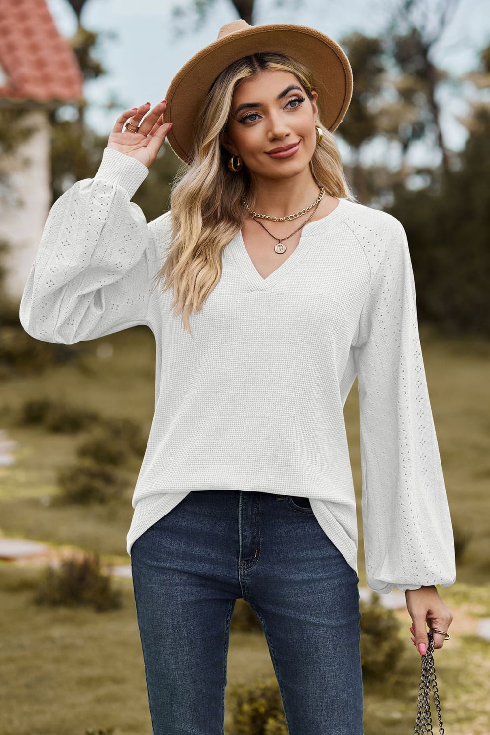 Notched Neck Raglan Sleeve Blouse - White / S - Women’s Clothing & Accessories - Shirts & Tops - 4 - 2024