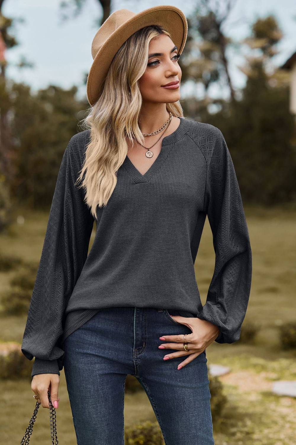 Notched Neck Raglan Sleeve Blouse - Dark Gray / S - Women’s Clothing & Accessories - Shirts & Tops - 16 - 2024