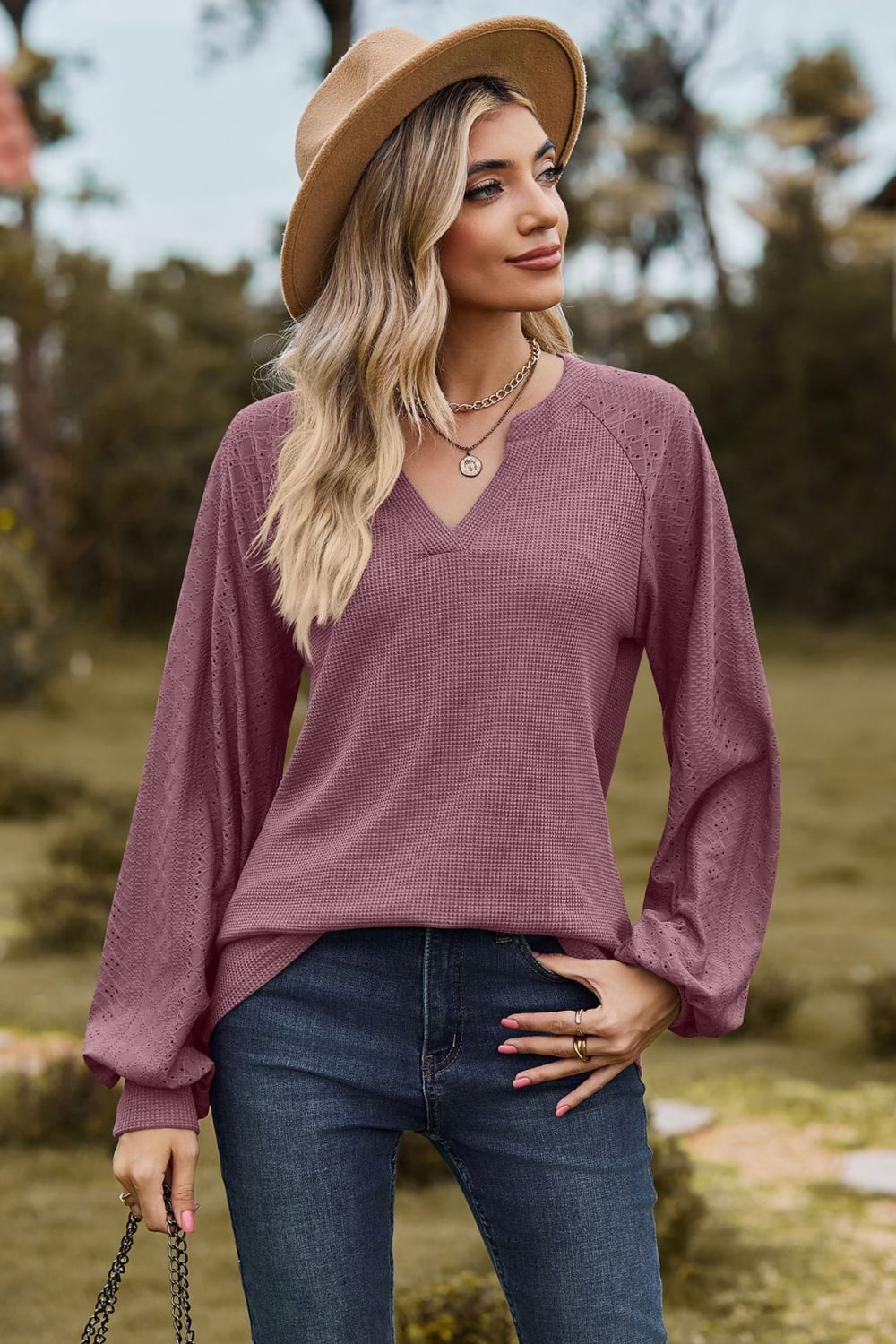 Notched Neck Raglan Sleeve Blouse - Purple / S - Women’s Clothing & Accessories - Shirts & Tops - 1 - 2024