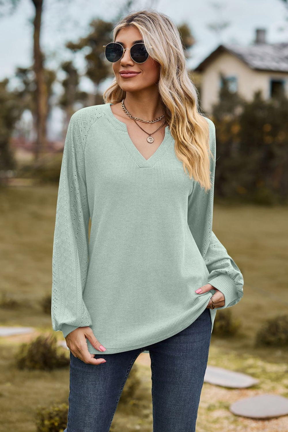 Notched Neck Raglan Sleeve Blouse - Women’s Clothing & Accessories - Shirts & Tops - 11 - 2024