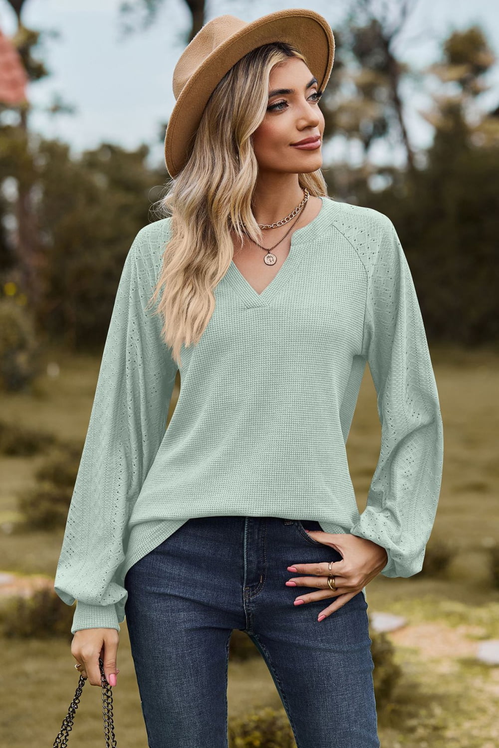 Notched Neck Raglan Sleeve Blouse - Green / S - Women’s Clothing & Accessories - Shirts & Tops - 10 - 2024