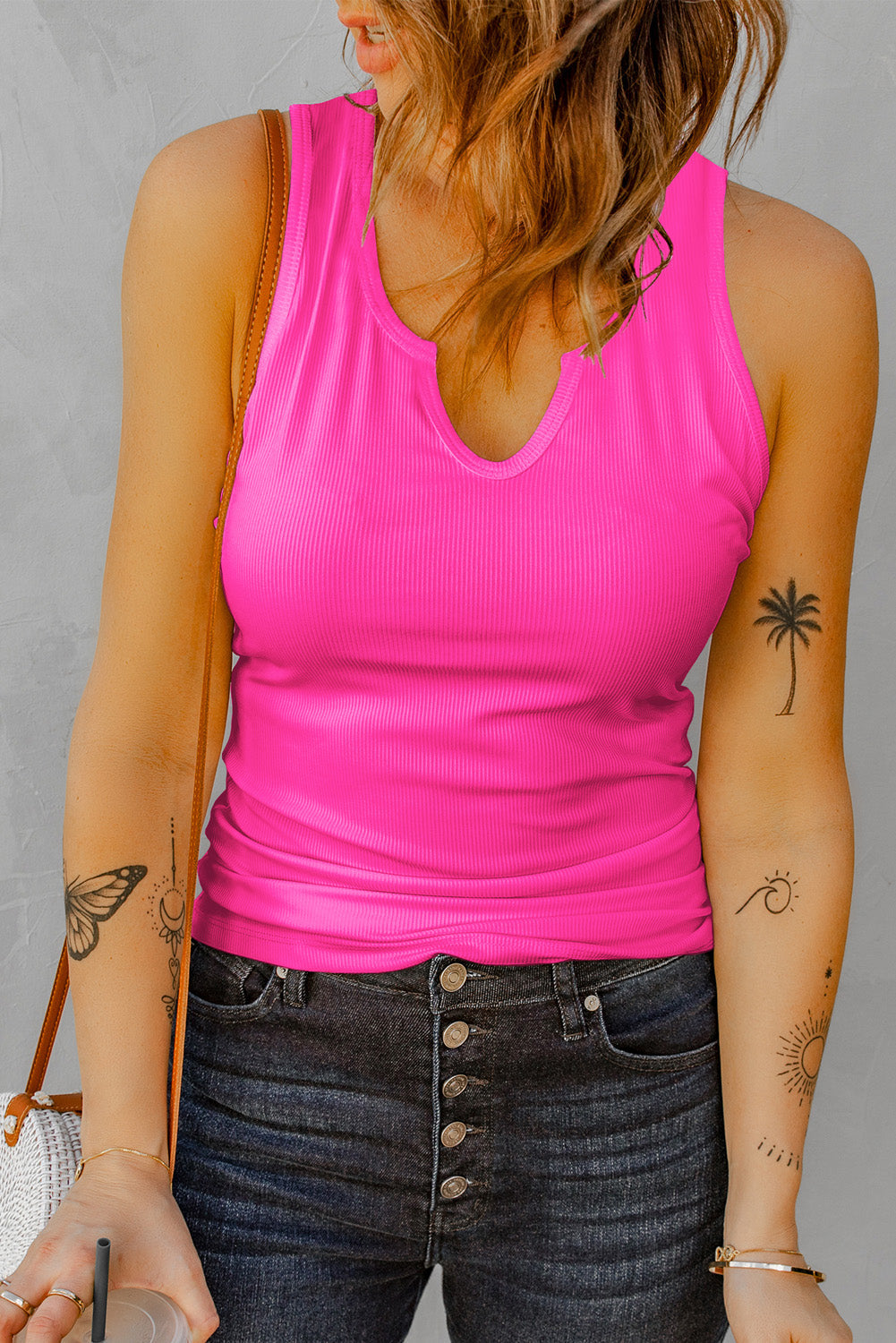 Notched Neck Ribbed Tank Top - Pink / S - Women’s Clothing & Accessories - Shirts & Tops - 2 - 2024