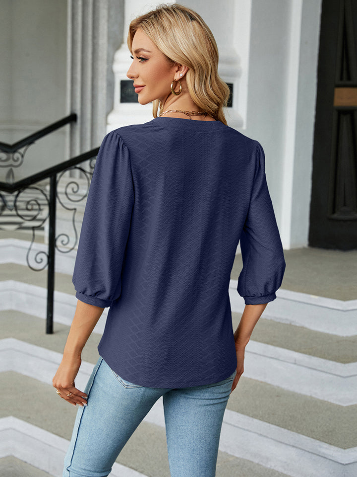 Notched Neck Three-Quarter Sleeve Blouse - Women’s Clothing & Accessories - Shirts & Tops - 8 - 2024
