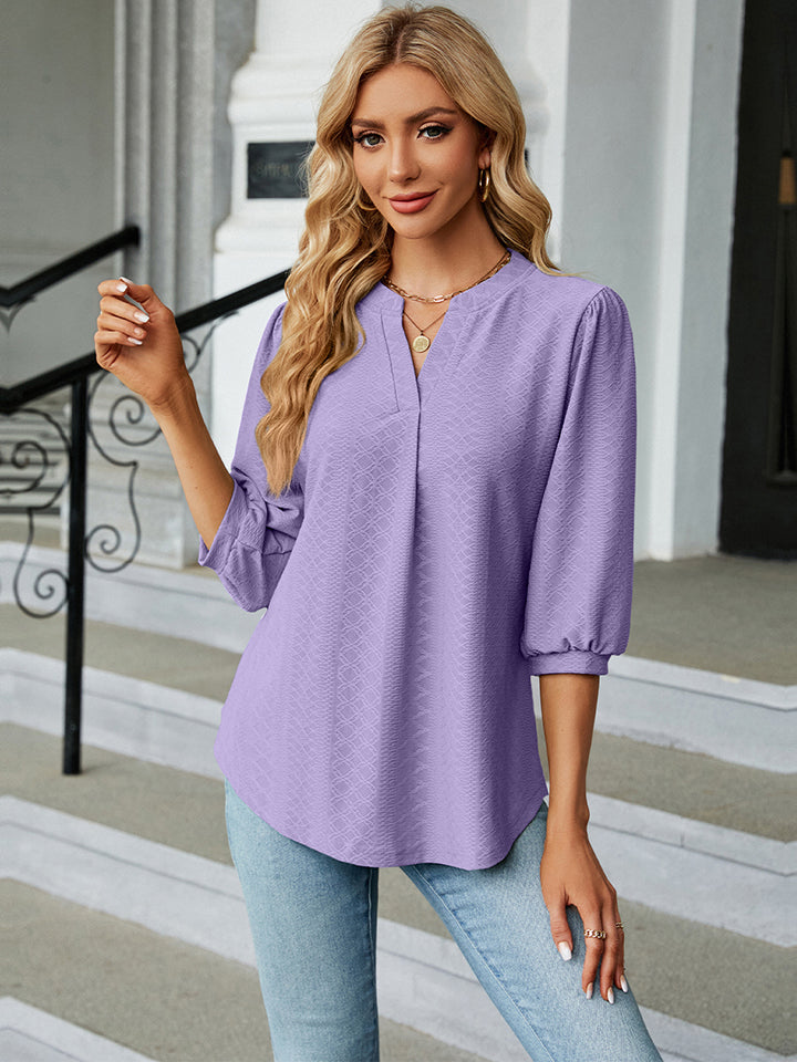 Notched Neck Three-Quarter Sleeve Blouse - Purple / S - Women’s Clothing & Accessories - Shirts & Tops - 12 - 2024