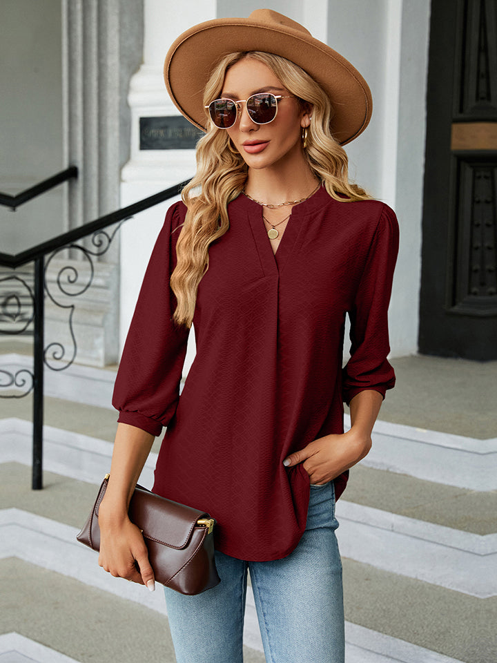 Notched Neck Three-Quarter Sleeve Blouse - Women’s Clothing & Accessories - Shirts & Tops - 10 - 2024
