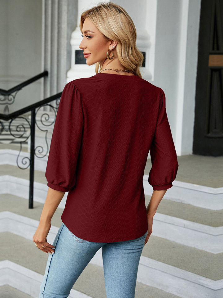 Notched Neck Three-Quarter Sleeve Blouse - Women’s Clothing & Accessories - Shirts & Tops - 11 - 2024