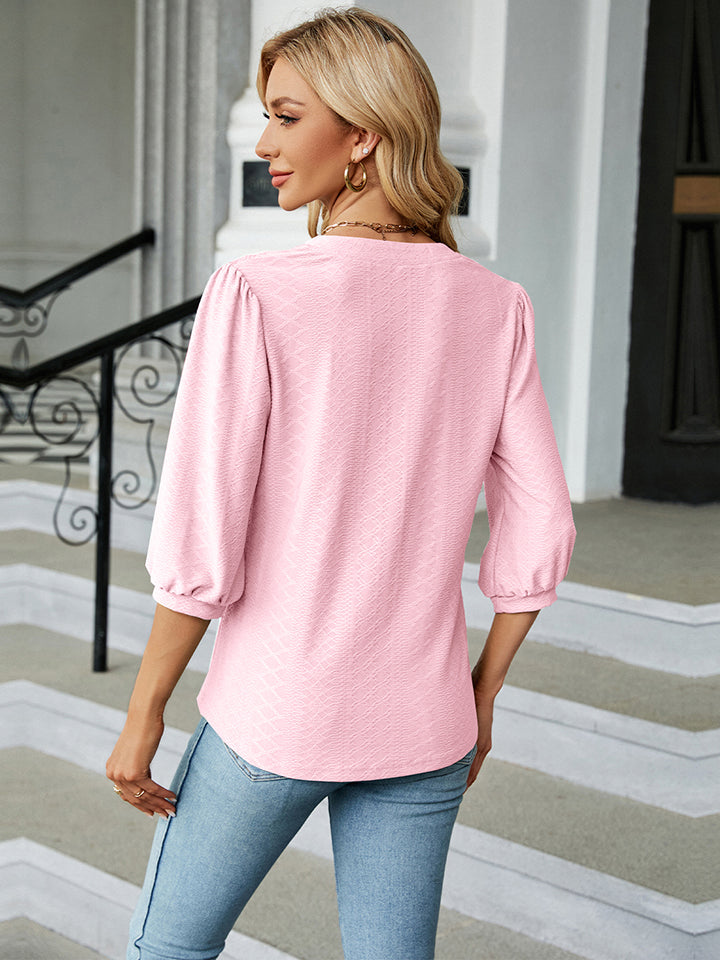 Notched Neck Three-Quarter Sleeve Blouse - Women’s Clothing & Accessories - Shirts & Tops - 2 - 2024
