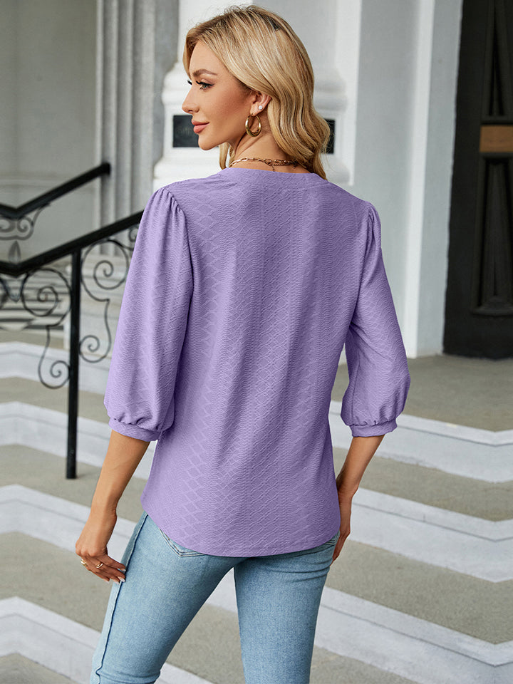 Notched Neck Three-Quarter Sleeve Blouse - Women’s Clothing & Accessories - Shirts & Tops - 15 - 2024