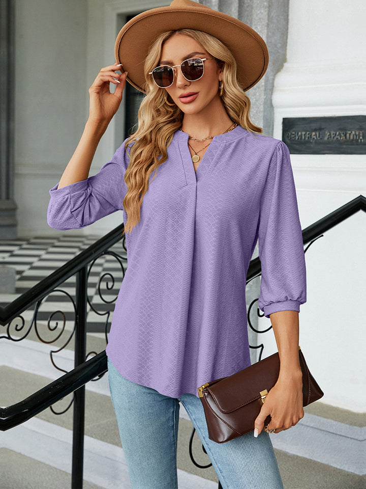Notched Neck Three-Quarter Sleeve Blouse - Women’s Clothing & Accessories - Shirts & Tops - 14 - 2024