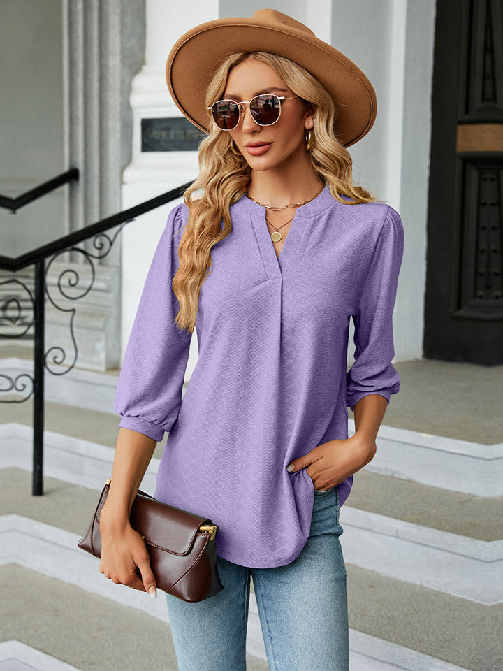 Notched Neck Three-Quarter Sleeve Blouse - Women’s Clothing & Accessories - Shirts & Tops - 13 - 2024