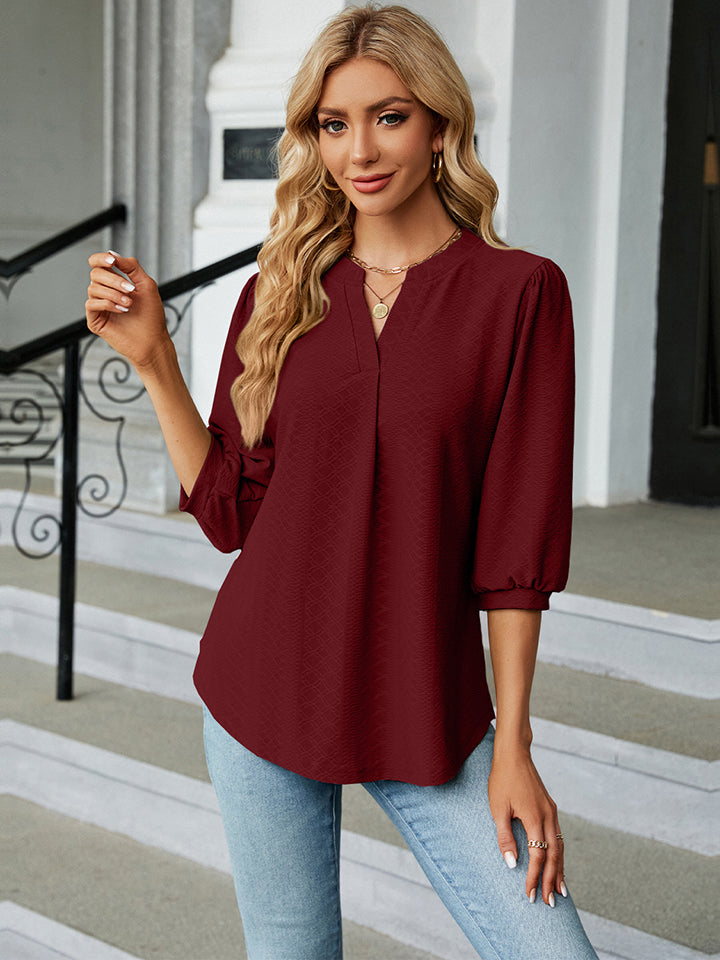 Notched Neck Three-Quarter Sleeve Blouse - Red / S - Women’s Clothing & Accessories - Shirts & Tops - 9 - 2024