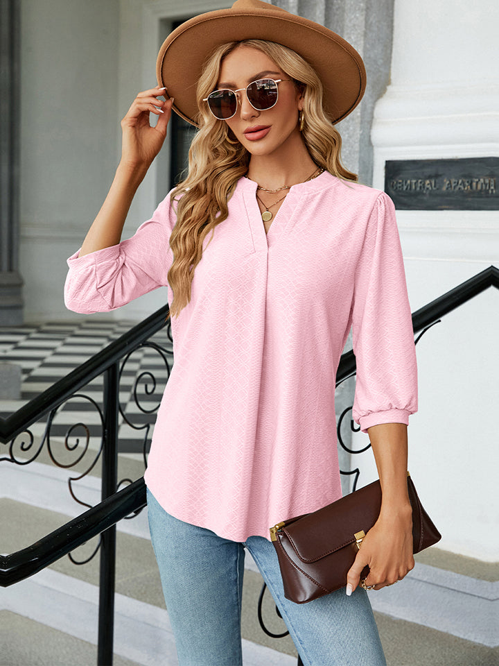 Notched Neck Three-Quarter Sleeve Blouse - Women’s Clothing & Accessories - Shirts & Tops - 3 - 2024