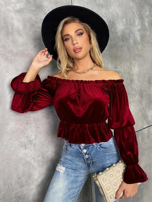 Off-Shoulder Flounce Sleeve Blouse - Wine / XS - Women’s Clothing & Accessories - Shirts & Tops - 1 - 2024