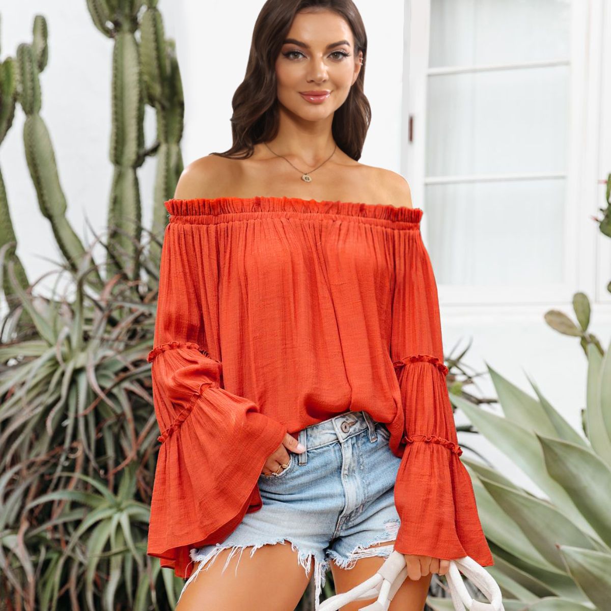 Off-Shoulder Frill Trim Blouse - Orange / S - Women’s Clothing & Accessories - Shirts & Tops - 1 - 2024