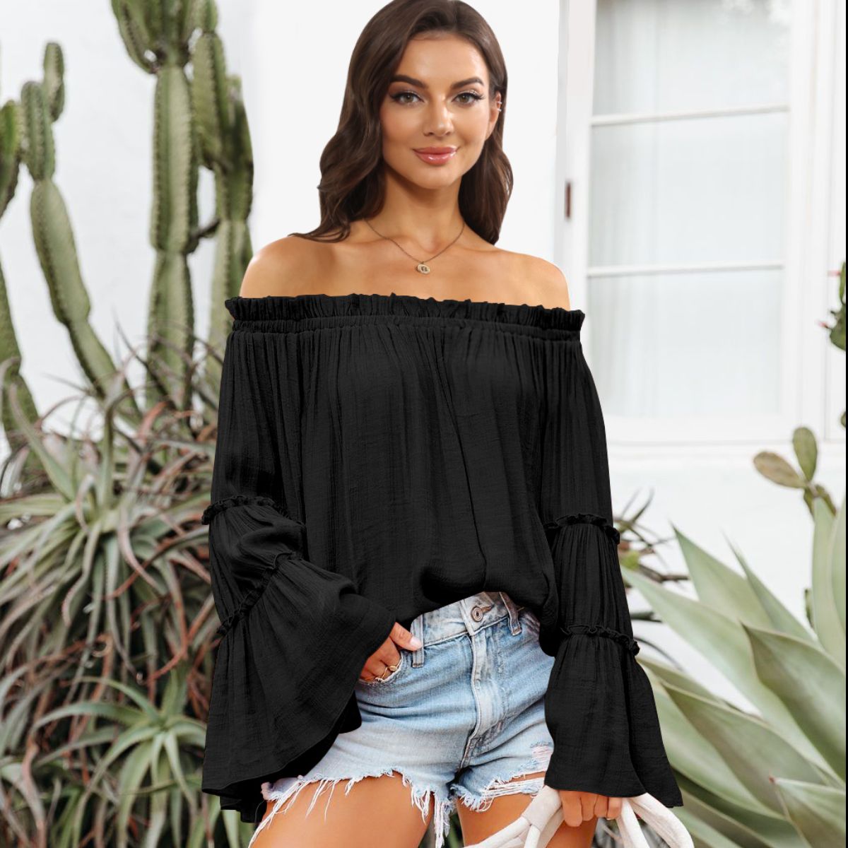 Off-Shoulder Frill Trim Blouse - Black / S - Women’s Clothing & Accessories - Shirts & Tops - 4 - 2024
