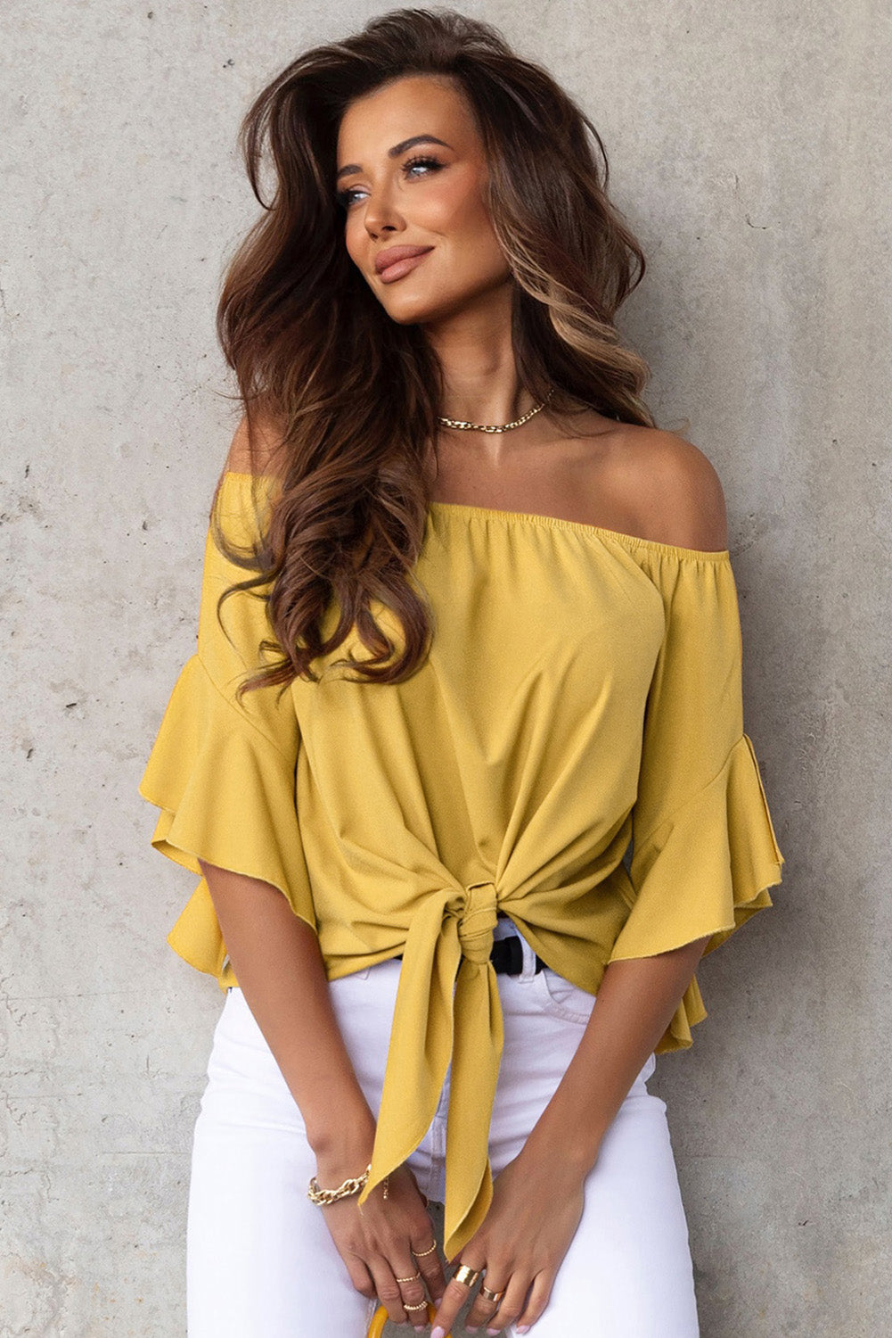 Off-Shoulder Tie Hem Blouse - Yellow / S - Women’s Clothing & Accessories - Shirts & Tops - 7 - 2024