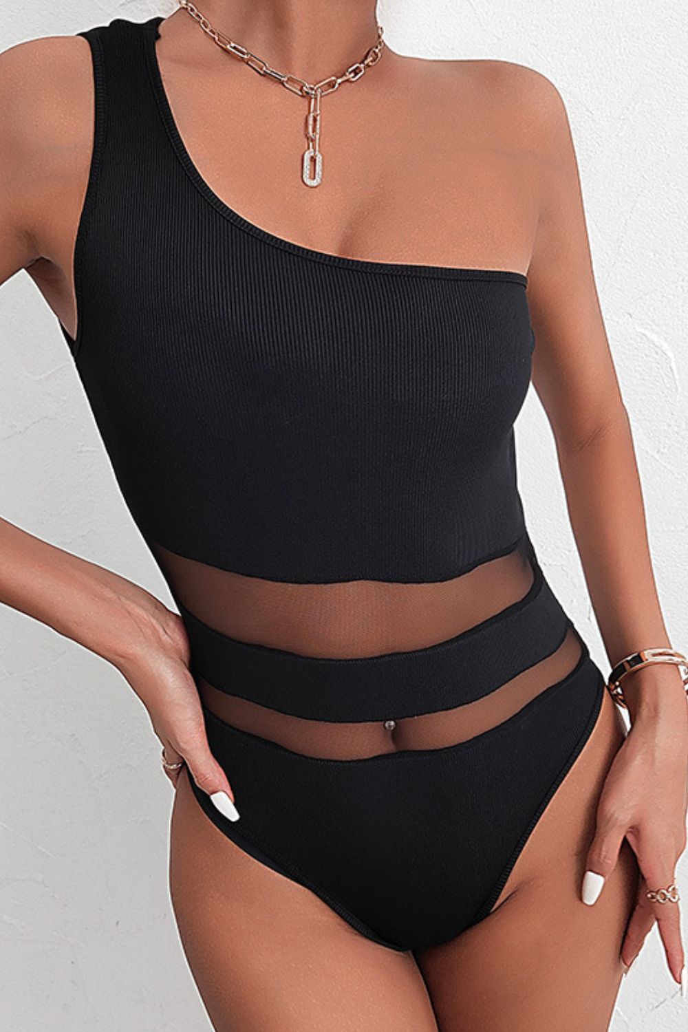 Open Back One-Shoulder Spliced Mesh Bodysuit - Women’s Clothing & Accessories - Shirts & Tops - 5 - 2024