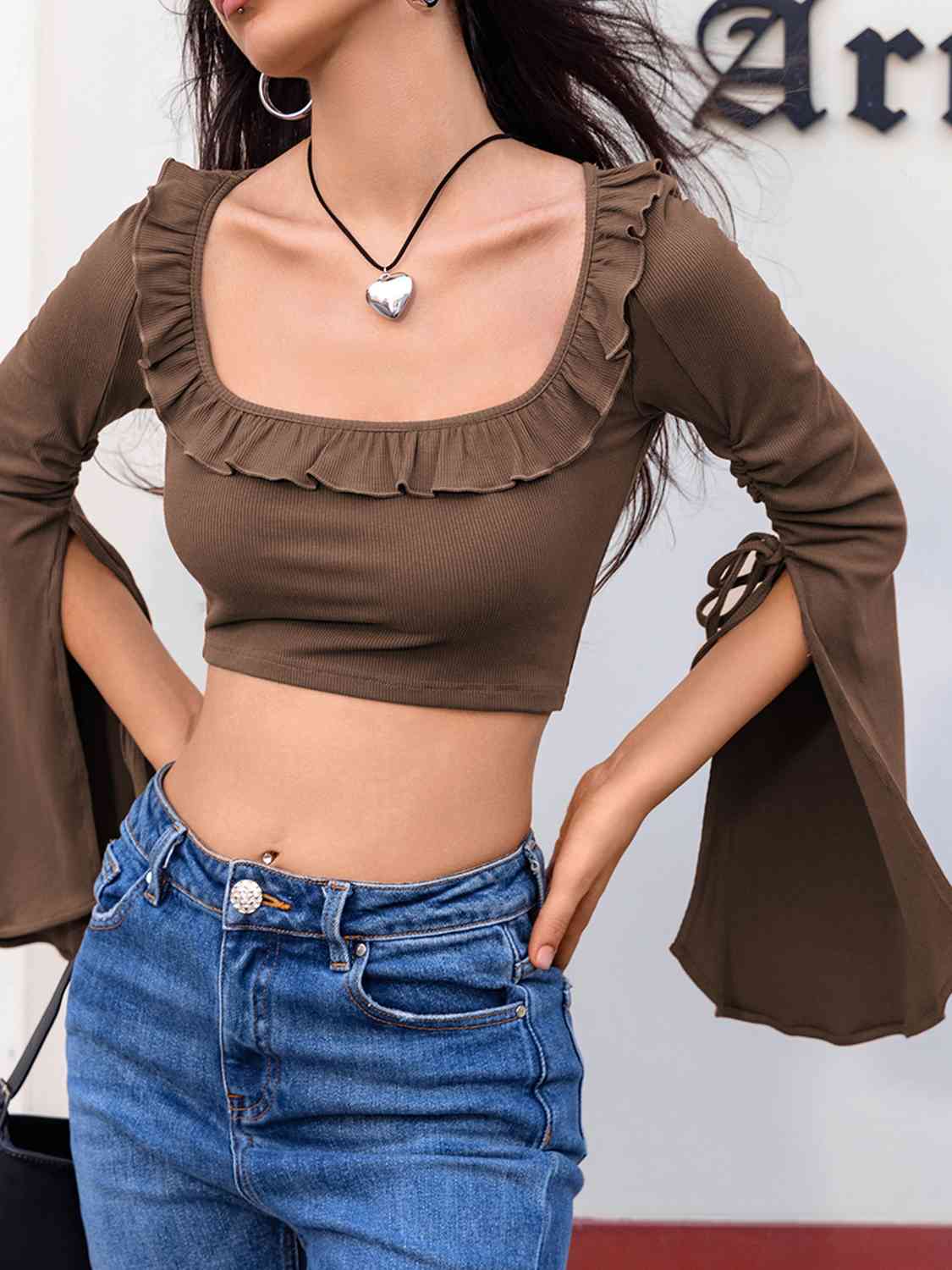 Open Bell Sleeve Square Neck Crop Top - Women’s Clothing & Accessories - Shirts & Tops - 4 - 2024