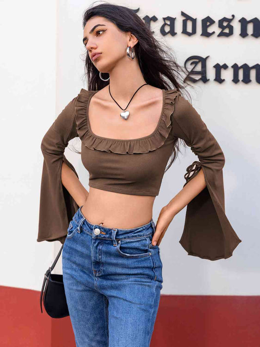 Open Bell Sleeve Square Neck Crop Top - Camel / S - Women’s Clothing & Accessories - Shirts & Tops - 1 - 2024