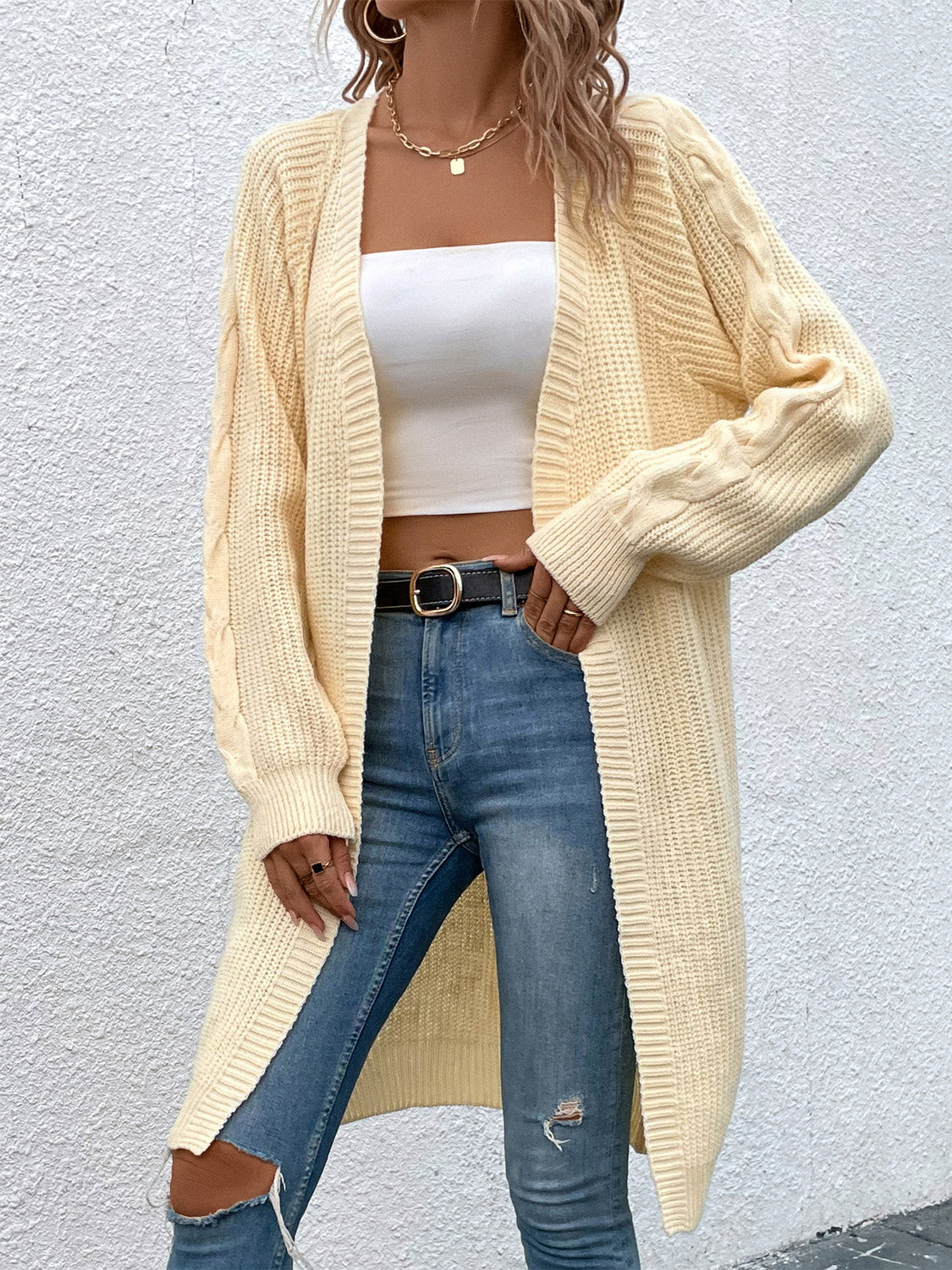 Open Front Cable-Knit Longline Cardigan - Yellow / S - Women’s Clothing & Accessories - Shirts & Tops - 1 - 2024