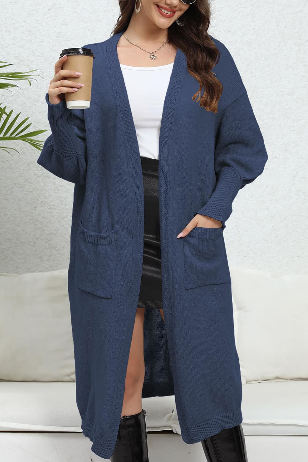 Open Front Dropped Shoulder Cardigan - Dark Blue / One Size - Women’s Clothing & Accessories - Shirts & Tops - 7 - 2024
