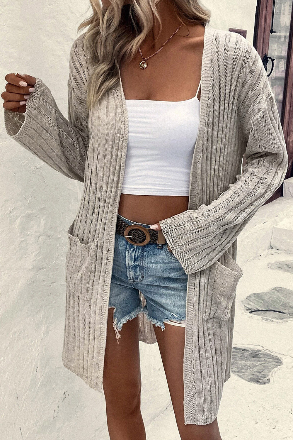 Open Front Dropped Shoulder Longline Cardigan - Beige / S - Women’s Clothing & Accessories - Shirts & Tops - 1 - 2024